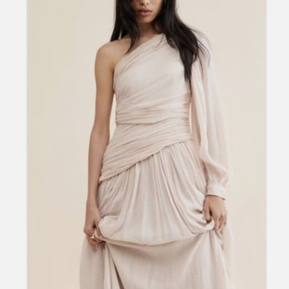 BHLDN Jade Metallic One-Shoulder Asymmetrical-Waist Gown Antgropologie - Picture 3 of 7